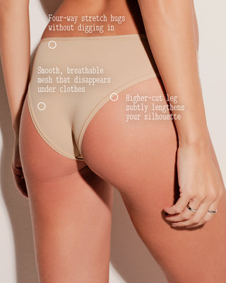 Beige underwear with text highlighting features on a beige background