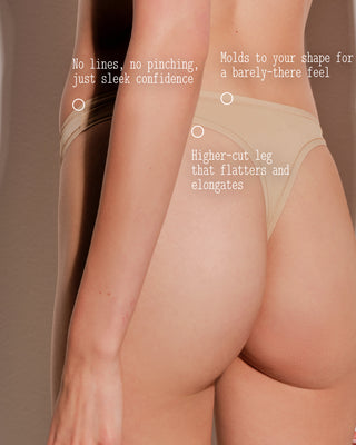 Beige underwear being worn with text highlighting features on a neutral background