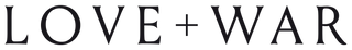 Text 'LOVE + WAR' in black on a white background