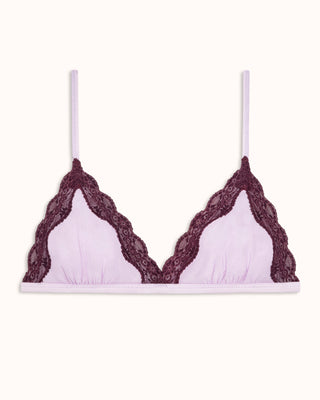 Purple mesh triangle bra with lace trim 