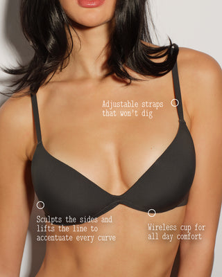 Black bra worn by a model with text highlighting features on a plain background