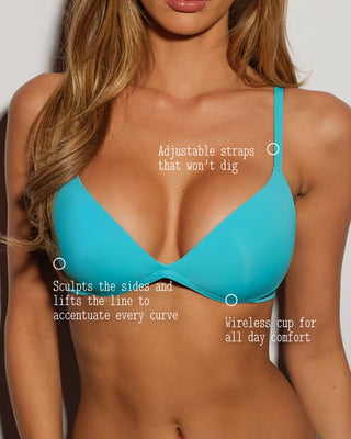 Teal bra with text highlighting features on a plain background