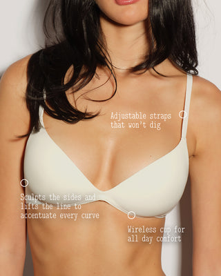 Woman wearing a white bra with text highlighting features on a plain background